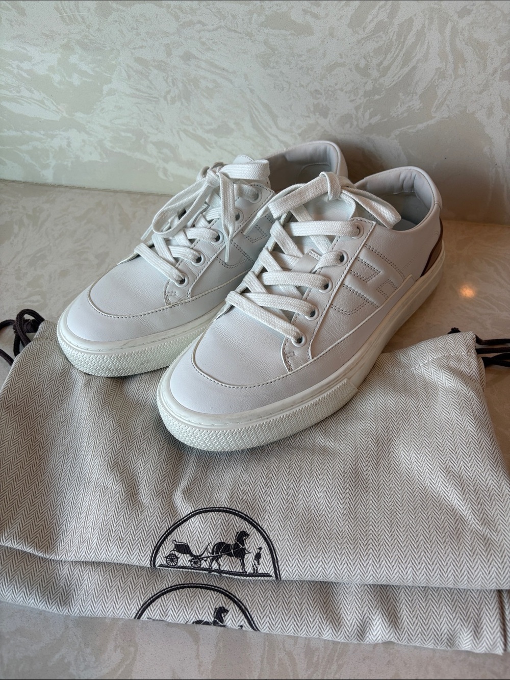 Hermes White Leather Low-Top Sneakers with Subtle Tan Heel